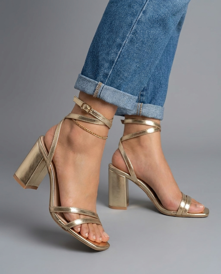 Sofia | Gold Metallic Block Heel Sandals