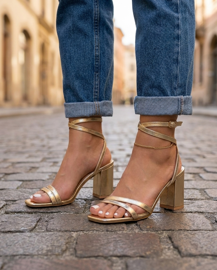 Sofia | Gold Metallic Block Heel Sandals