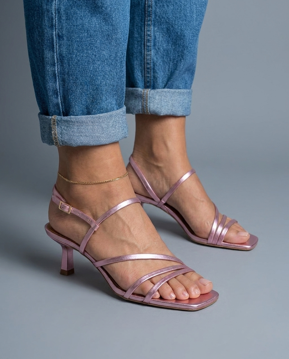 Rosé | Pink Metallic Strappy Kitten Heels
