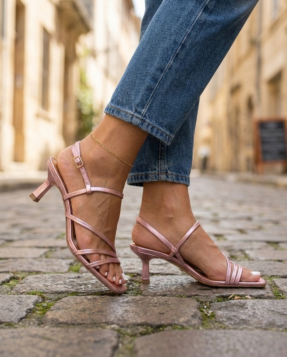 Rosé | Pink Metallic Strappy Kitten Heels
