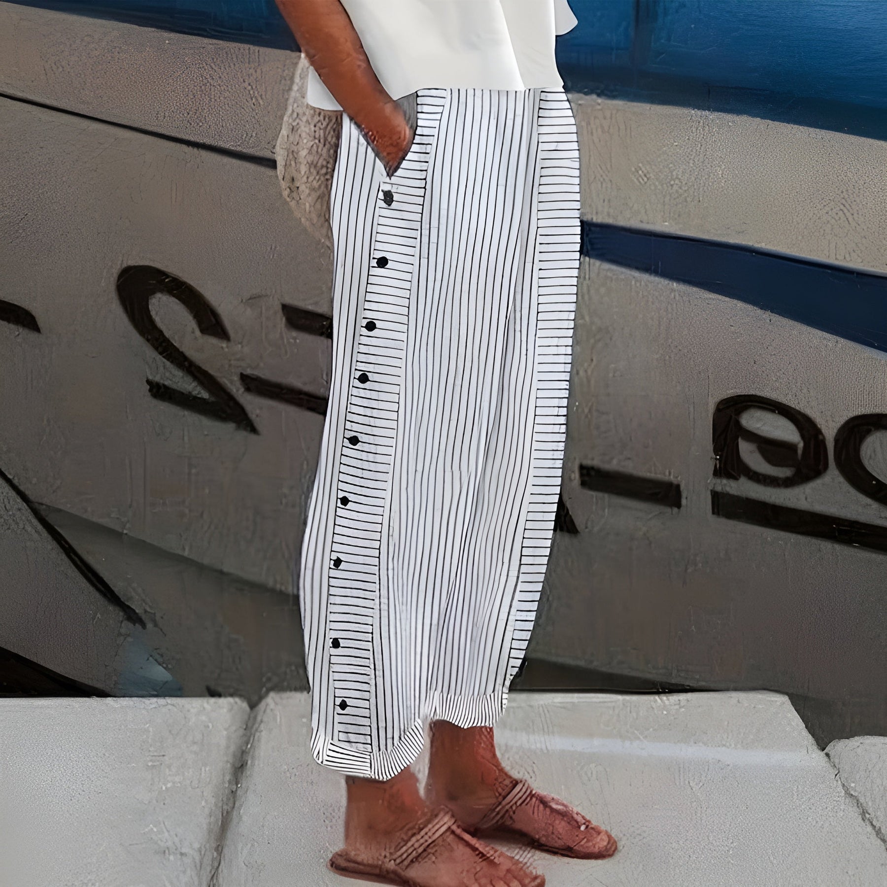 Tess | Striped Panel Button Trousers