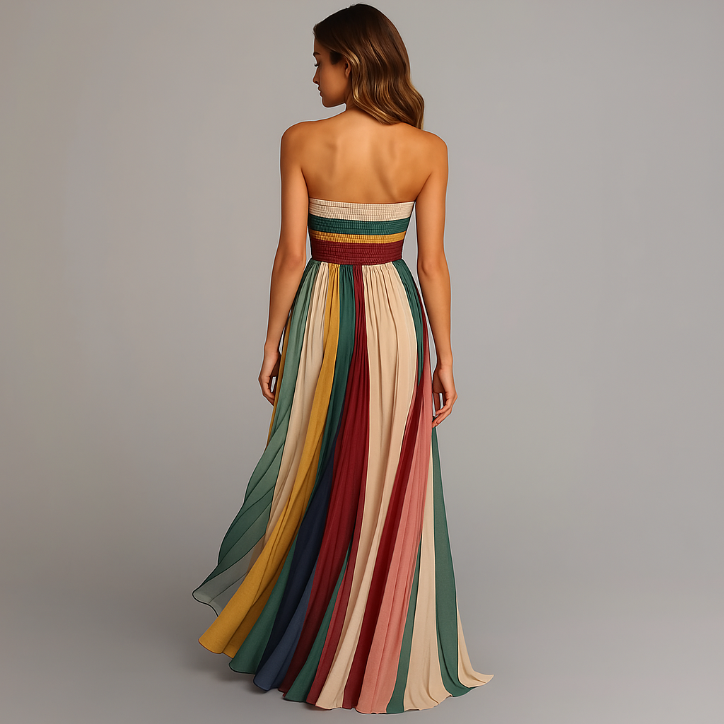 Judith™ | Women's Strapless Colorful Pleated Summer Maxi Dress Strapless