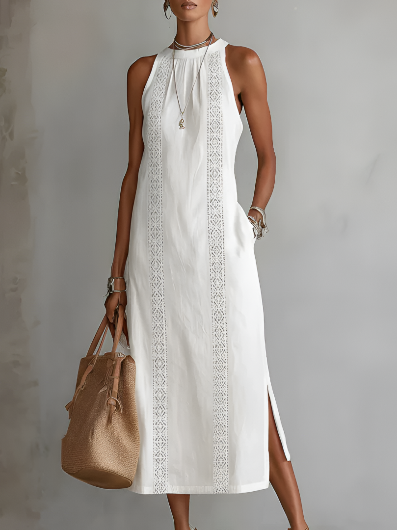 Jimena | Linen Midi Dress with Mao Collar