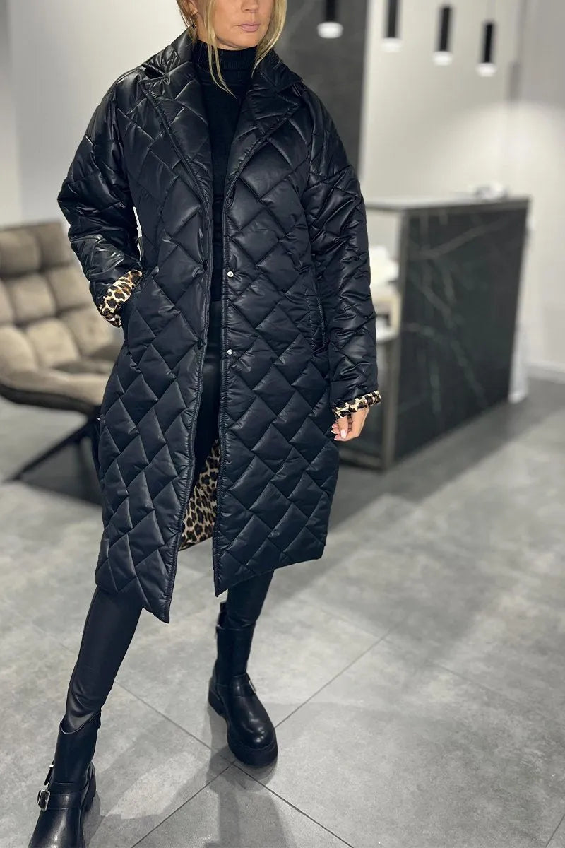 Kendall – Quilted Mid-Length Coat with Leopard Lining