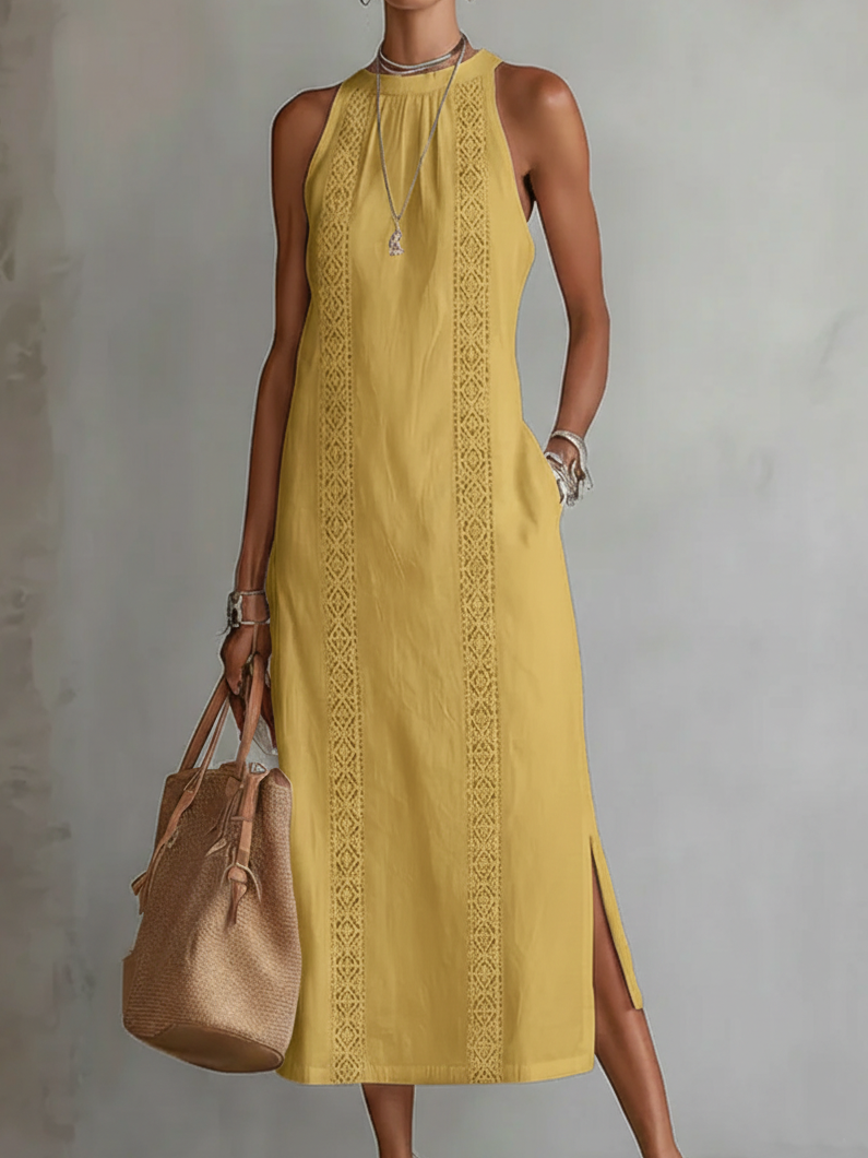 Jimena | Linen Midi Dress with Mao Collar