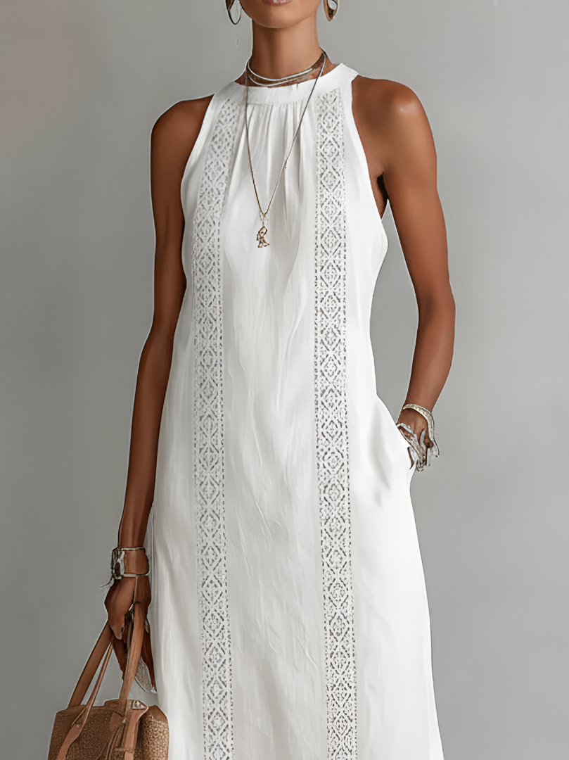 Jimena | Relaxed Embroidered Mandarin Collar Midi Dress