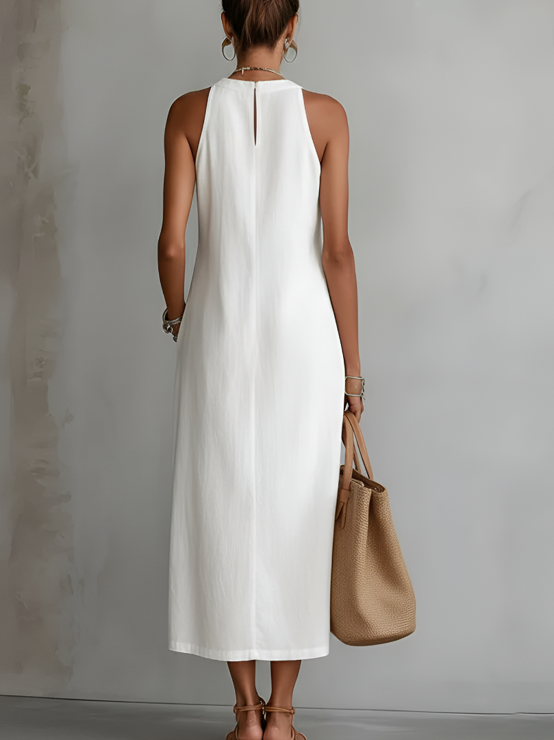 Jimena | Linen Midi Dress with Mao Collar