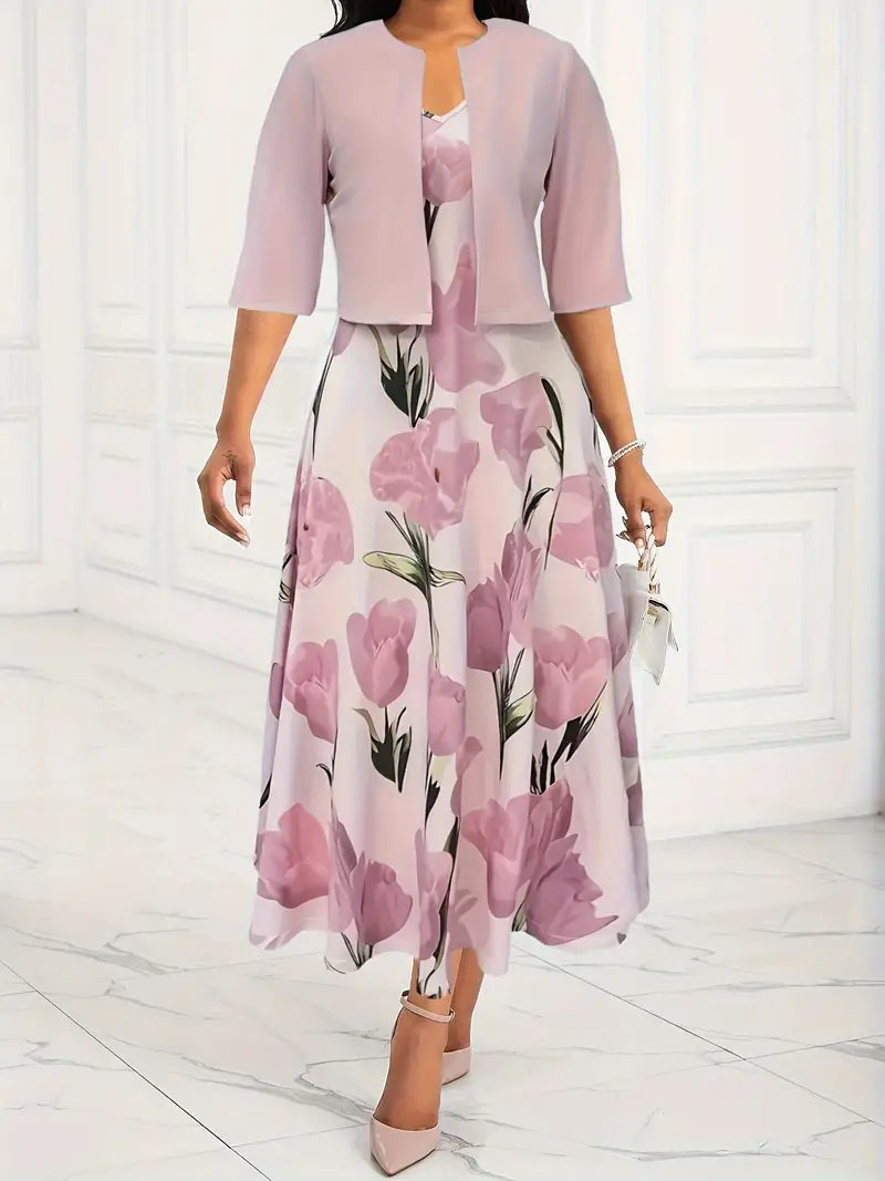 Women's Maxi Dress with Jacket Set | Pink Floral