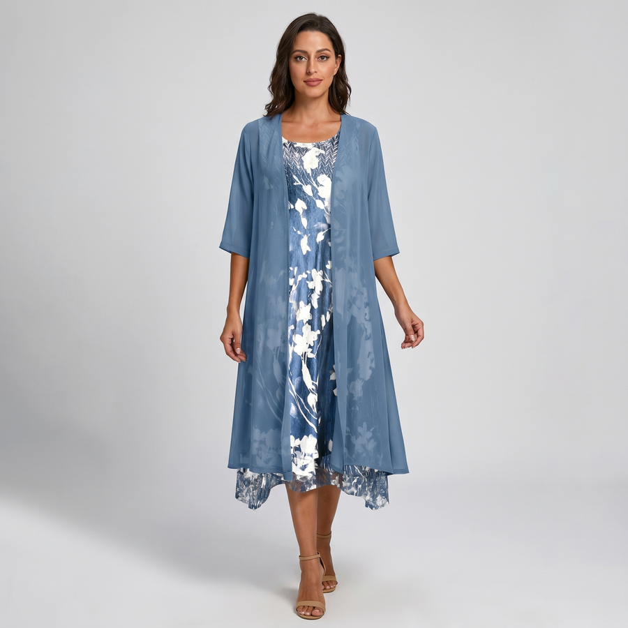 ADELINE | Floral Midi Dress and Sheer Duster Two Piece Layered Elegant Set