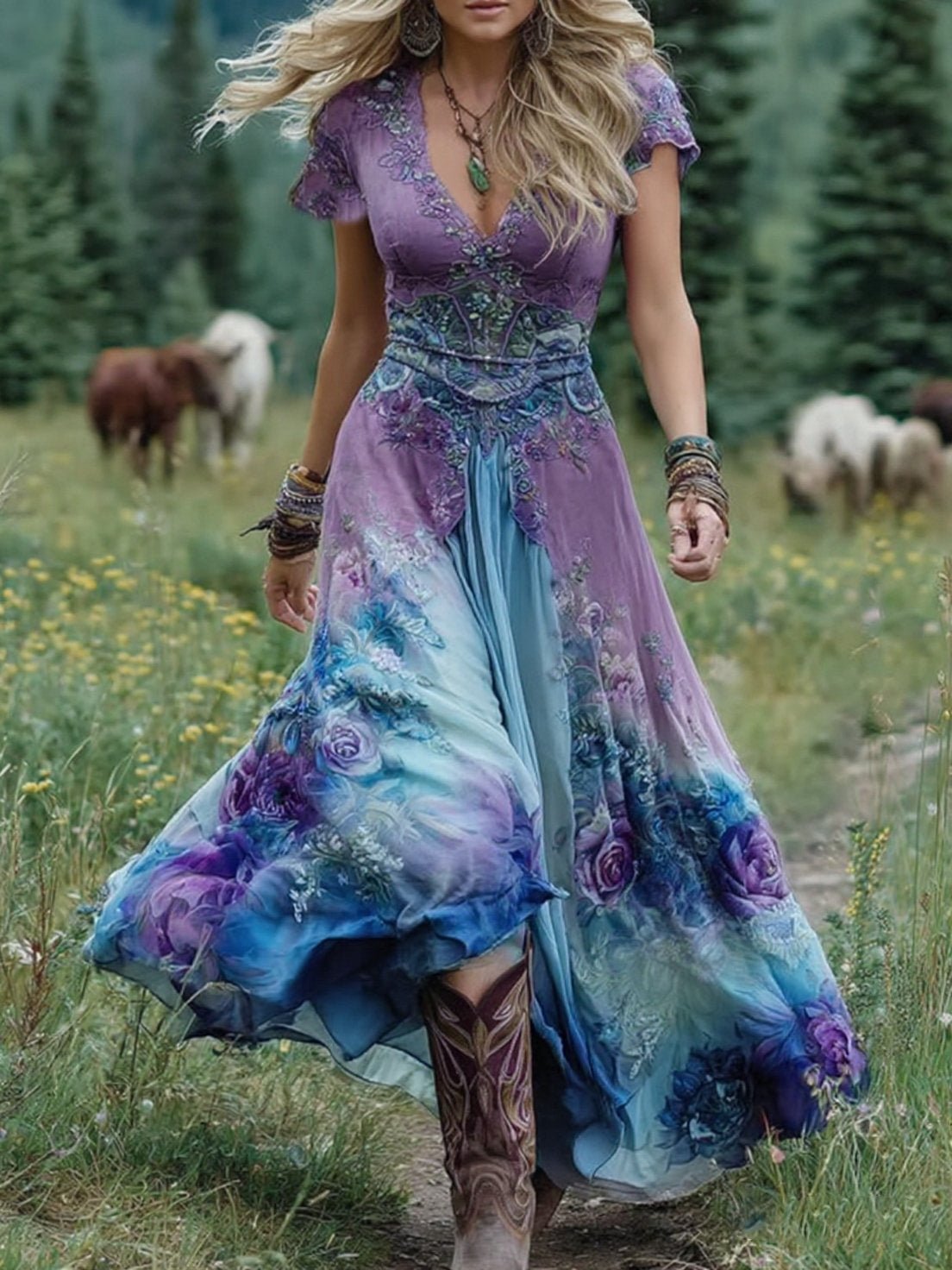 Sophia | Women's V-Neck Short Sleeve Floral Maxi Dress