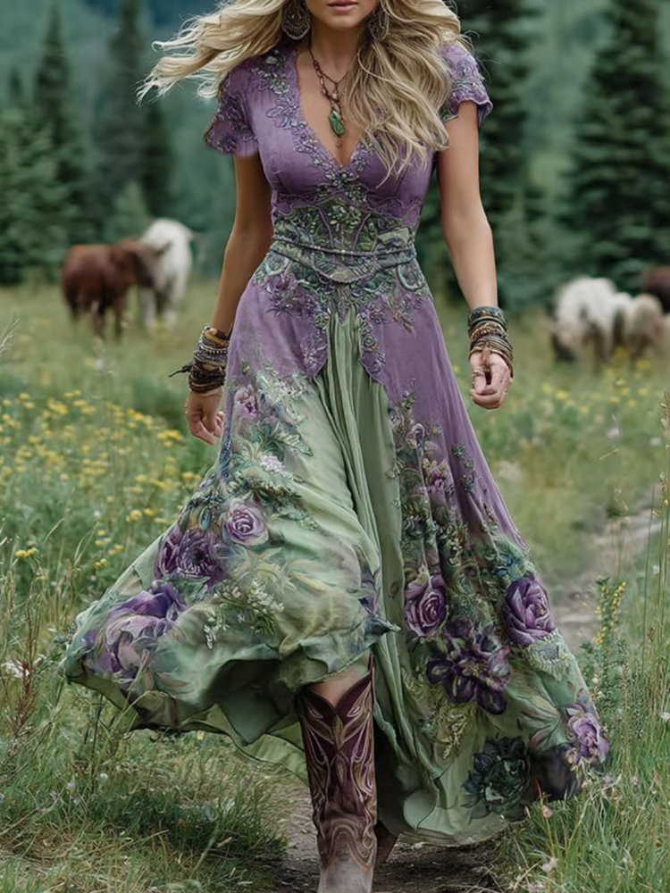 Sophia | Women's V-Neck Short Sleeve Floral Maxi Dress