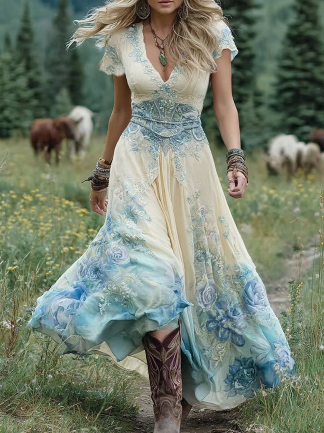 Sophia | Women's V-Neck Short Sleeve Floral Maxi Dress