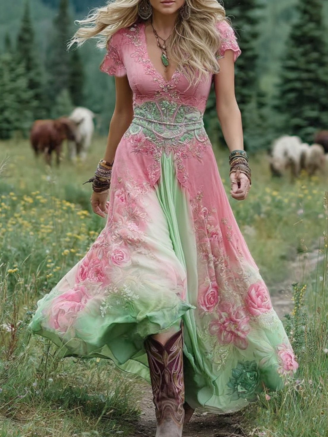 Sophia | Women's V-Neck Short Sleeve Floral Maxi Dress